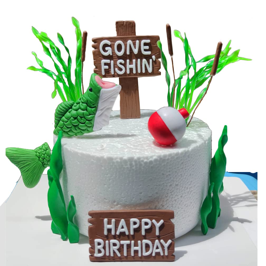 Fishing Cake Topper Gone fishing Cake with Bass Reed Happy Birthday Sign