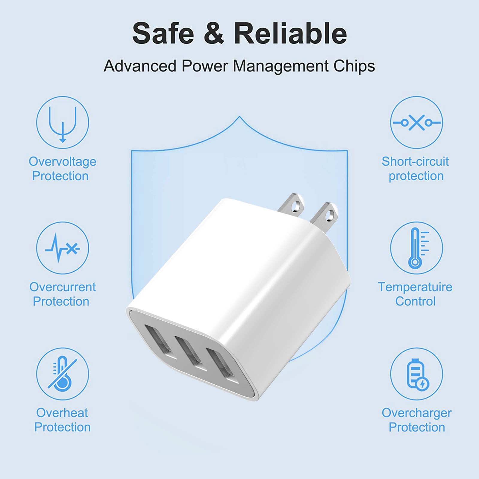 XIANGHONGYIAN 3-Port USB Wall Charger, 3 Pack Compatible with iPhone 14/13/12/11 Pro Max, Mini, SE, XR, XS MAX, XS, X, 8 Plus, iPad Pro, Air, Mini, Samsung Galaxy S5 S6 S7 Edge, LG, Android and More