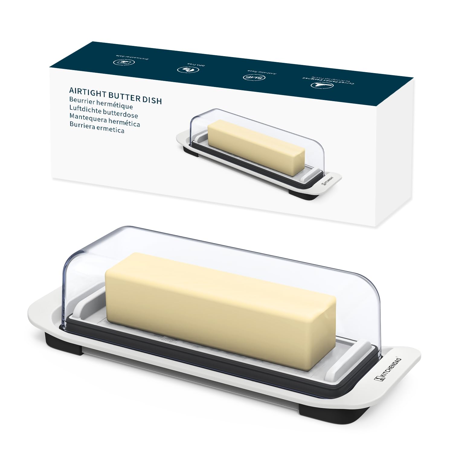 KITCHENDAO luftdichte Butterdose mit Deckel für Arbeitsplatte und Kühlschranktür, Butterbehälter, Kunststoff-Butterhalterschale für West-/Ostküstenbutter, Weiß