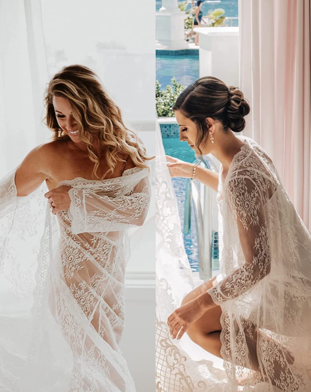 BUTTZO Women Sexy Long Lace Dress Sheer Gown See Through Lingerie Kimono Robe (White, One Size)