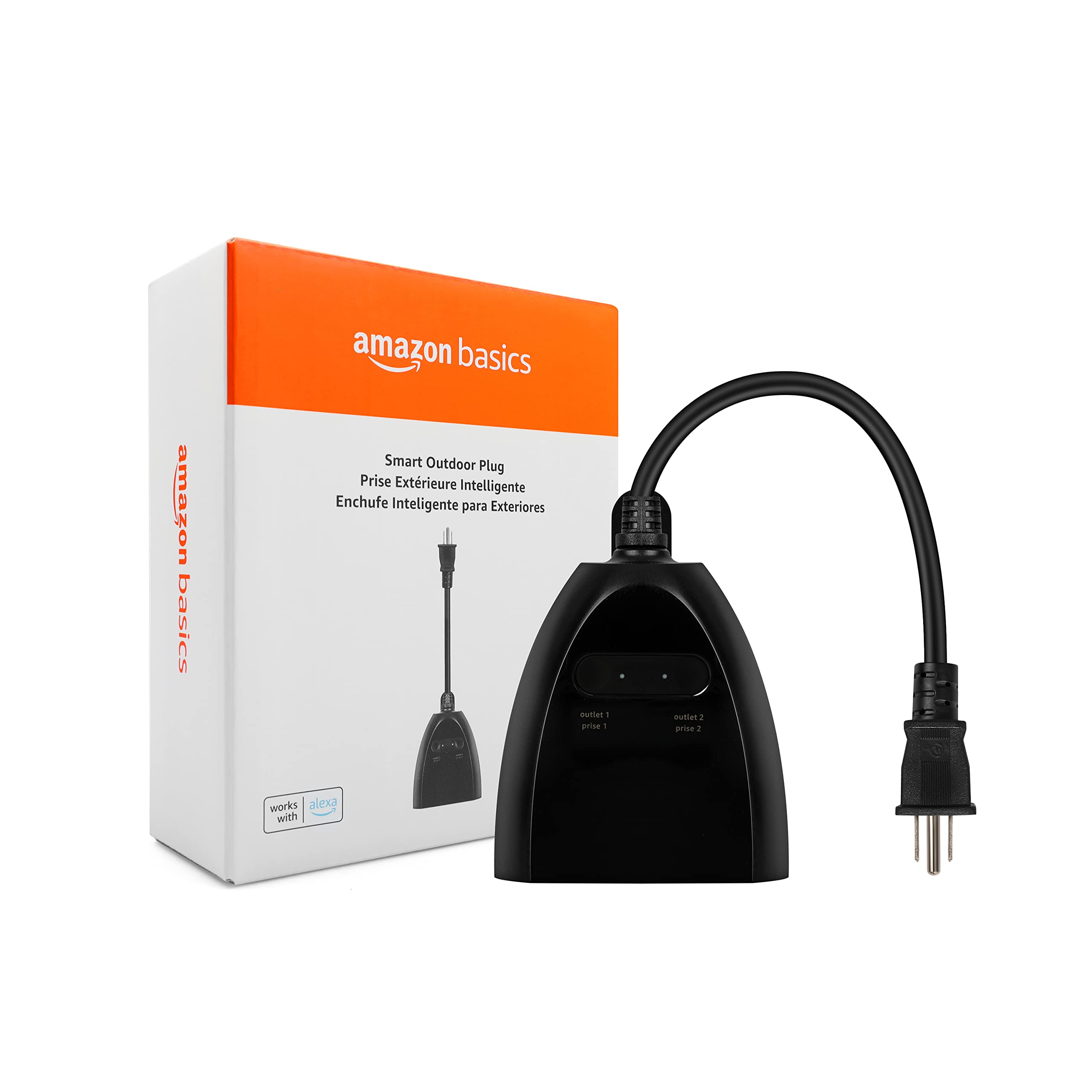Amazon Basics Outdoor Smart Plug mit 2 individuell steuerbaren Ausgängen, funktioniert nur mit Alexa, 2,4 GHz WLAN, kein Hub erforderlich, Schwarz