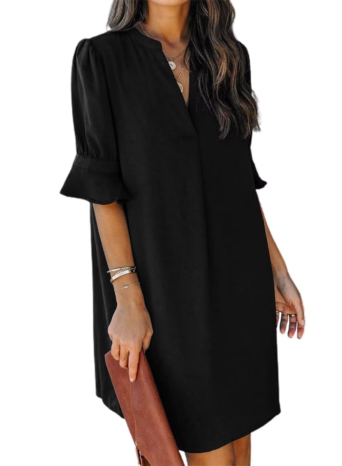 QACOHU Summer Dresses for Women 2025 Casual Ruffle Short Sleeve V-Neck Flowy Swing Shift Dress Black L