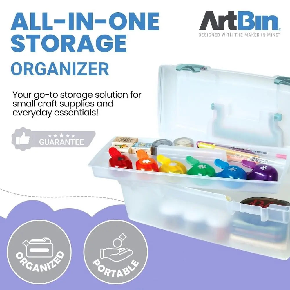 ArtBin 6937AG Essentials Lift-Out Tray Box, Portable Art & Craft Organizer with Handle and Tray, Clear/Aqua