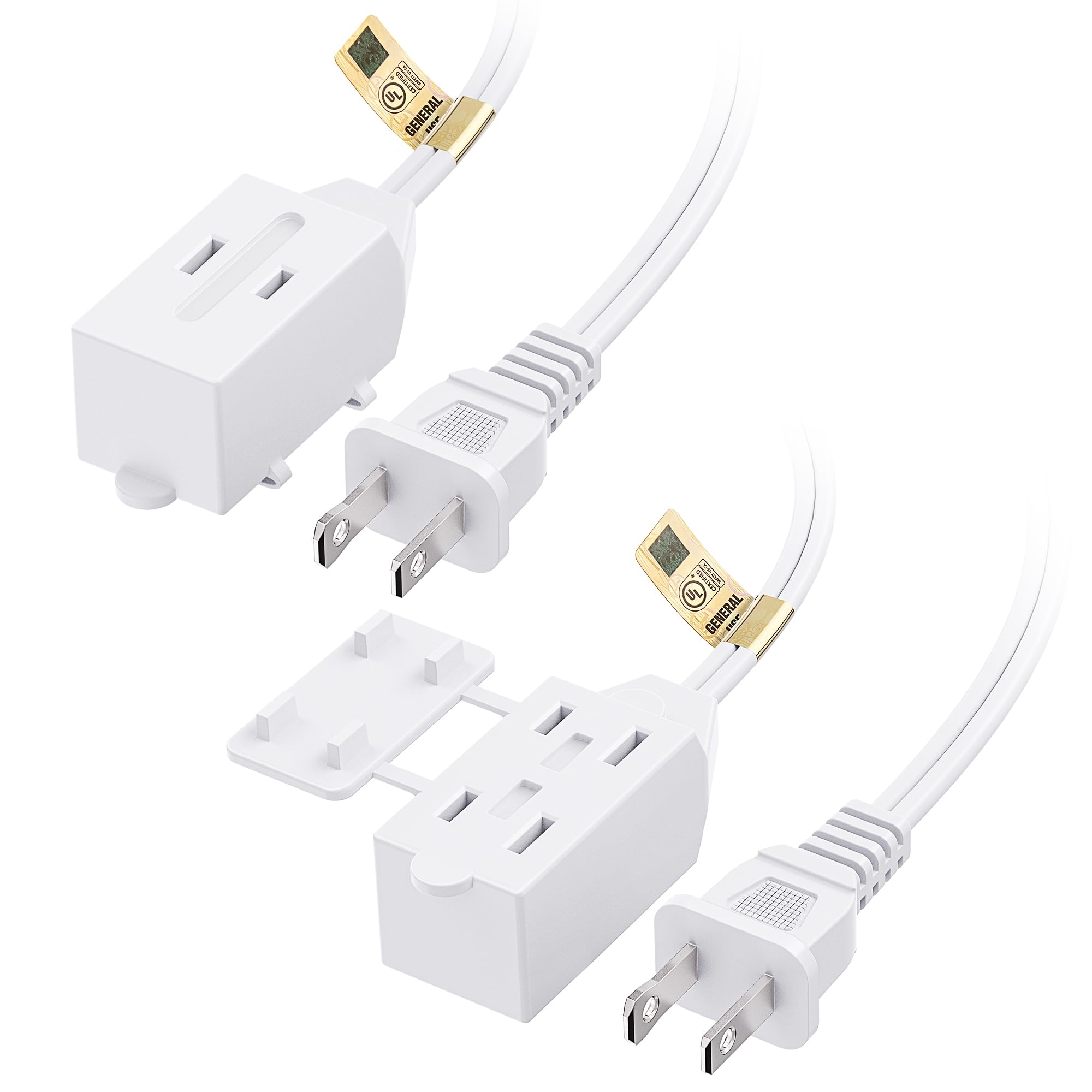 [UL-gelistet] Cable Matters 2er-Pack 16 AWG 2-poliges Verlängerungskabel 1,8 m, 13 A 3-fach-Verlängerungskabel mit Berührungsschutz, 13 Ampere, 1625 Watt, Weiß