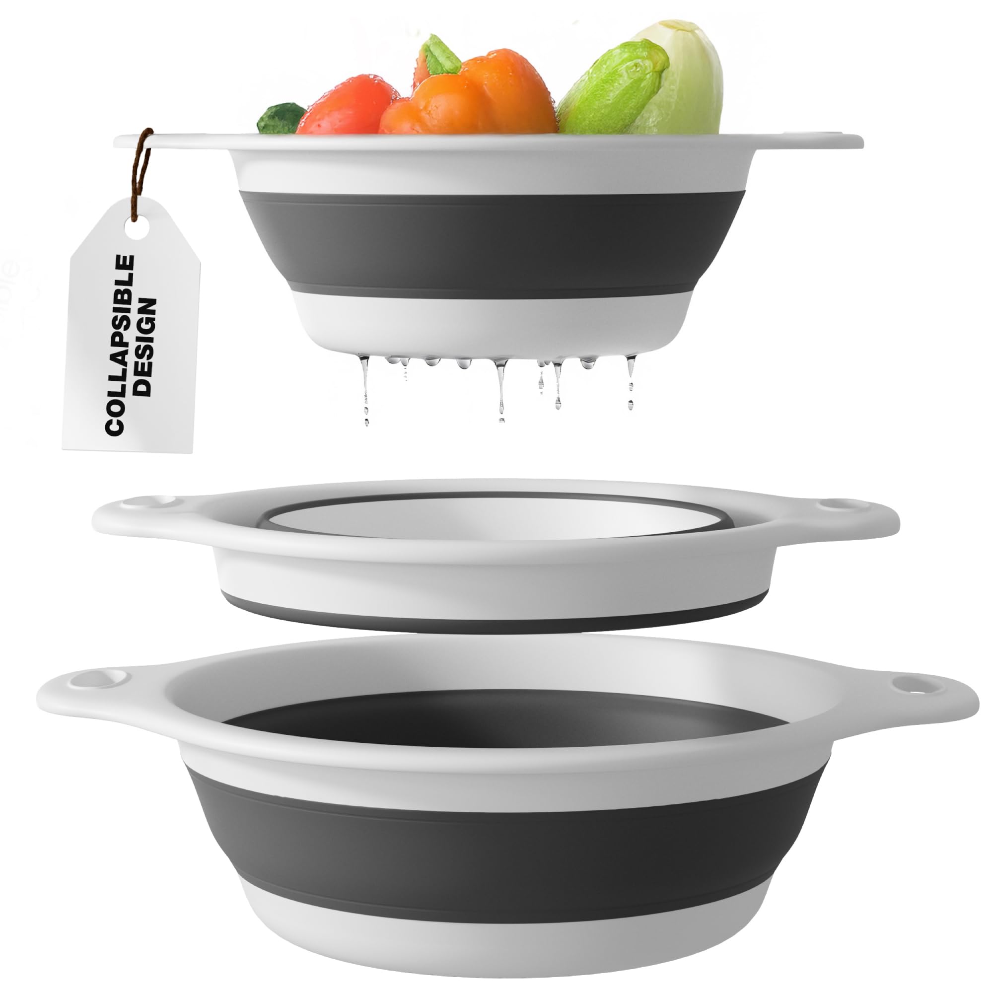 Gevoli Collapsible Colanders (3 Pack Set) Food Strainers with Over-Sink Water Draining Base for Pasta Fruits and Vegetables, White (3 Sizes, 3QT, 4QT and 5 Quart)