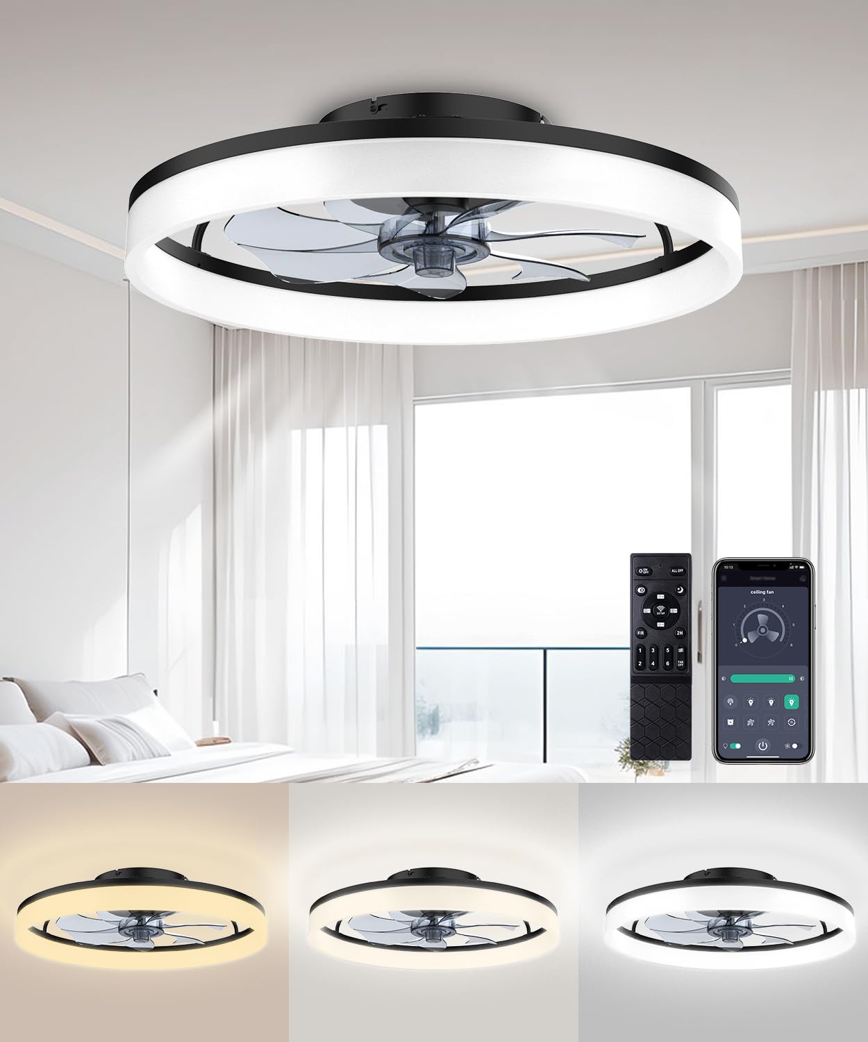 AQUBT Deckenventilatoren mit Licht und Fernbedienung, 50,8 cm moderner Deckenventilator mit flachem Profil und Licht, stufenlose Farbtemperaturänderung und 6 Geschwindigkeiten für Schlafzimmer, Kinderzimmer und Wohnzimmer (Schwarz)