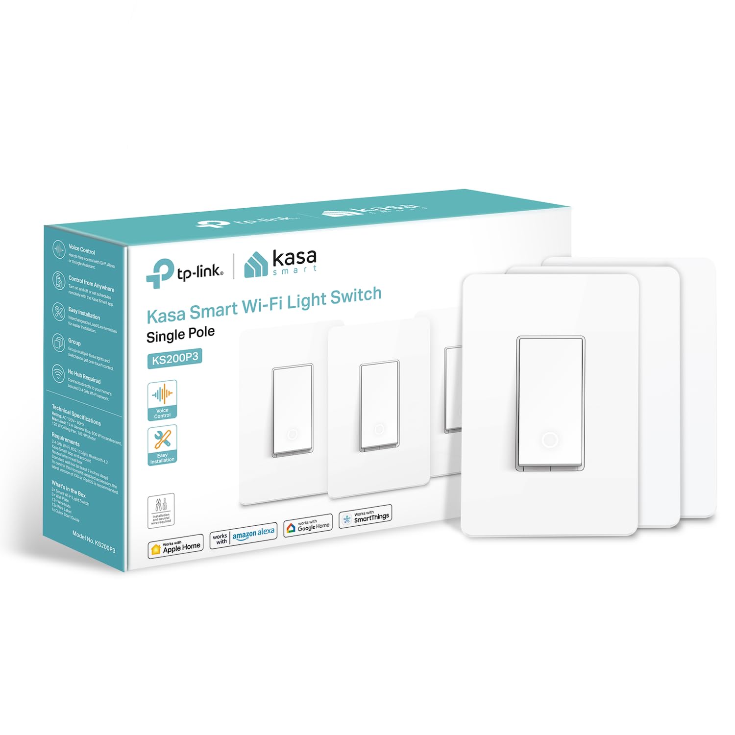 Kasa Apple HomeKit Smarter Lichtschalter KS200P3, einpolig, Neutralleiter erforderlich, 2,4-GHz-WLAN-Lichtschalter funktioniert mit Siri, Alexa und Google Home, UL-zertifiziert, kein Hub erforderlich, Weiß, 3er-Pack