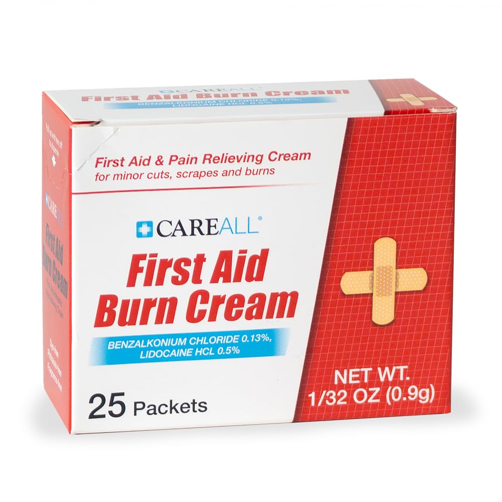 CareALL First Aid Burn Relief Cream 0.9g Packets (Pack of 25) Pain Relieving First Aid Cream for Temporary Relief of Pain from Minor Burns, Cuts, and Scrapes. Prevents Infection