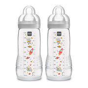 زجاجات MAM Easy Active للأطفال 11 أونصة، حلمة سيليكون ناعمة التدفق السريع مع تصميم مريح ذو عنق واسع، سهلة الإمساك، خالية من BPA، زجاجات بأغطية مانعة للتسرب للأطفال بعمر 4 أشهر فما فوق