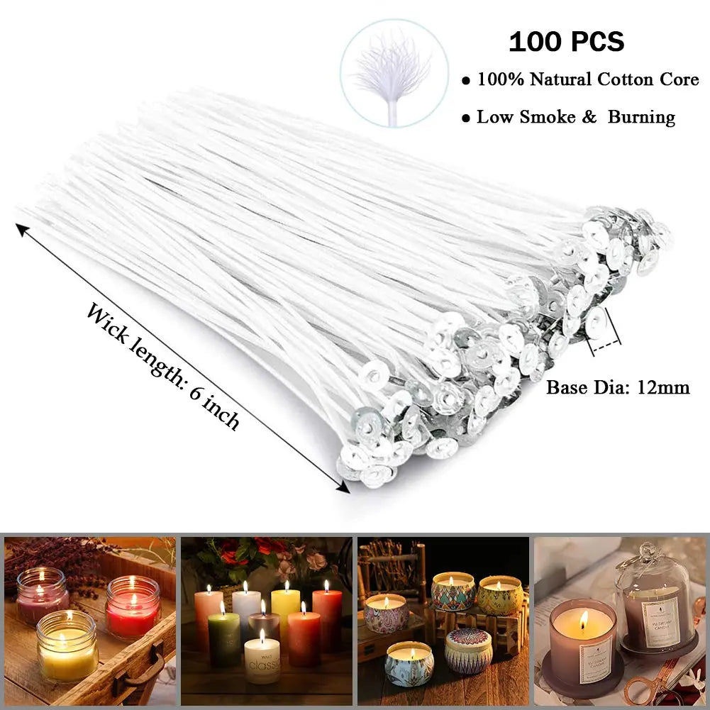 Bulk 6-Inch Candle Wicks - 100 Pcs with Wick Stickers & Centering Device for Soy/Beeswax Candle Making