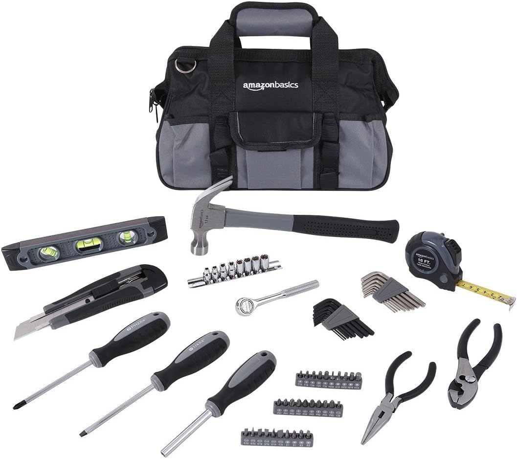 Amazon Basics 65-teiliges Heimwerker-Werkzeugset mit Tasche, Silber, Schwarz
