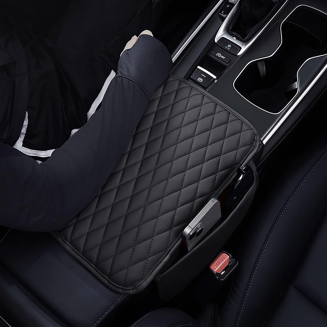 ESKONKE [Upgraded] Car Center Console Cover with 2 Storage Bags - Premium Nappa Leather Armrest Cover, Scratch & Wear Resistant, Waterproof Car Interior Accessories (Classic - Black)