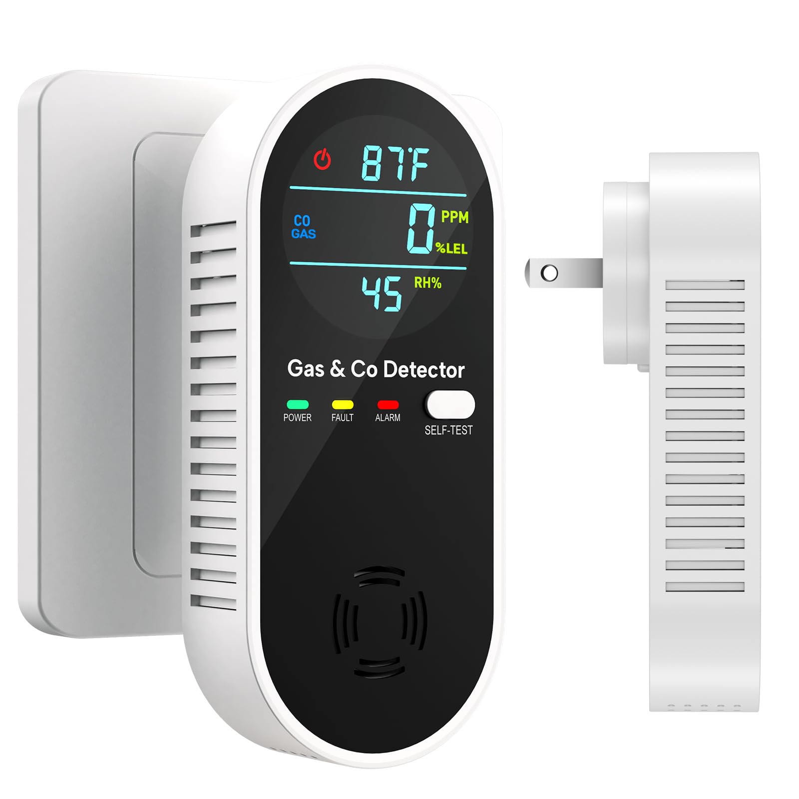 4-in-1 Verbesserter Erdgas- und Kohlenmonoxidmelder, Dual-Sensor Gas-Lecksucher und Kohlenmonoxidmelder zum Einstecken (Temperatur & Luftfeuchtigkeit) für Zuhause, Wohnmobil (Schwarz)