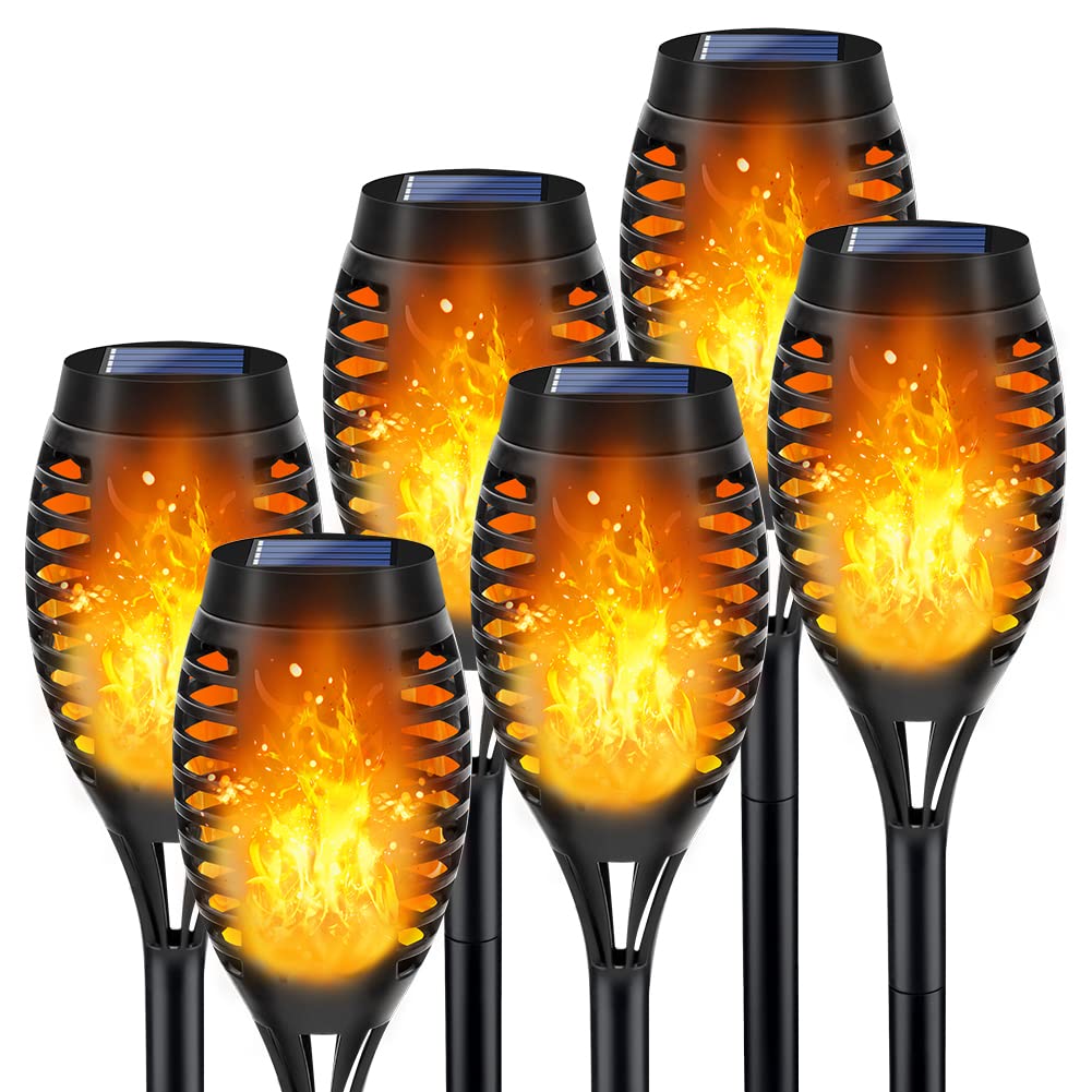Solarleuchten für Außenbereich, 6er-Pack Solar-Fackeln mit flackernder Flamme, Halloween-Lichter für den Außenbereich zur Halloween-Dekoration, Flammenfackeln für Draußen, Solarleuchten für Gartenwege und Garten-Dekoration