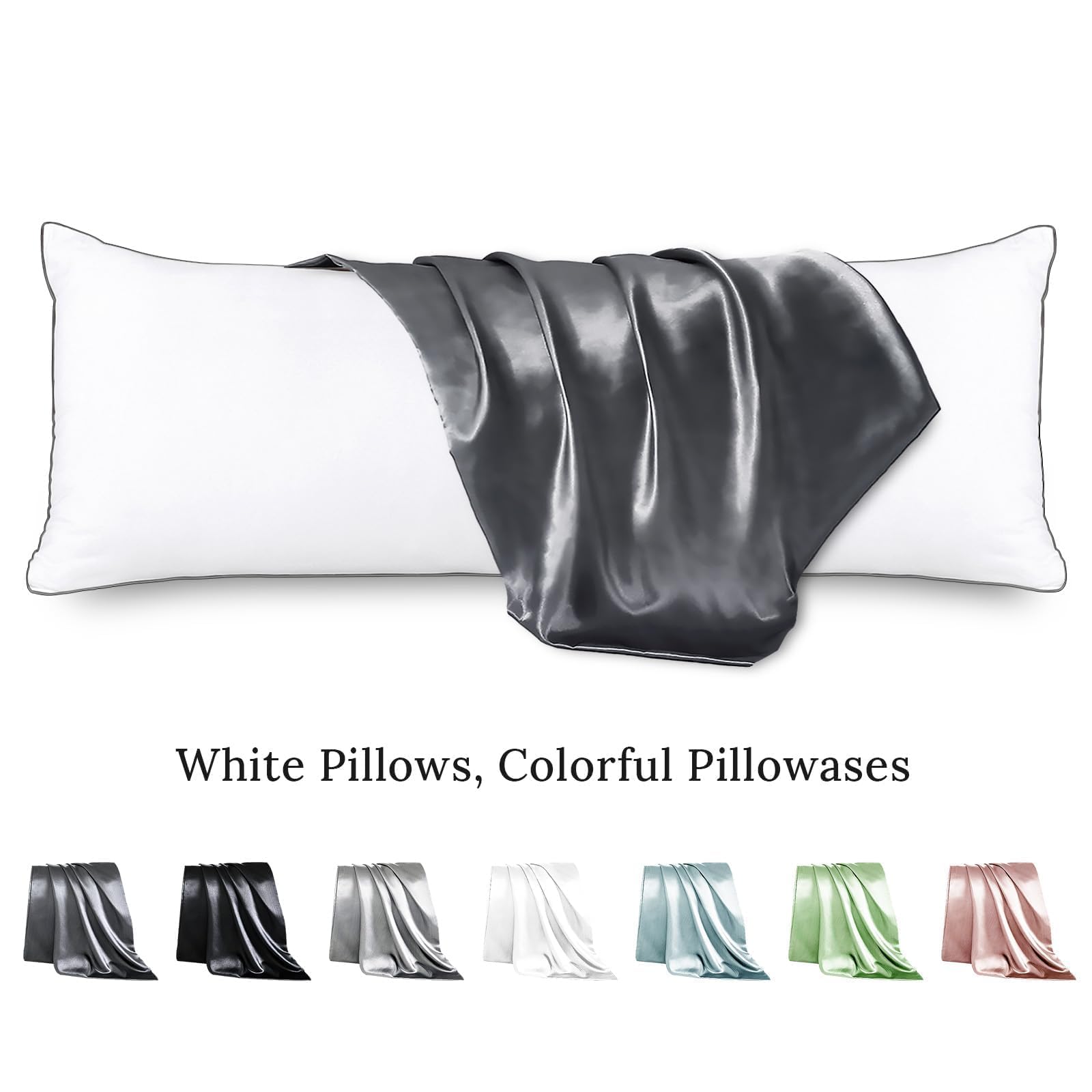 HUXMEYSON Body Pillow with Satin Pillowcase, Cooling Body Pillow for Adults, Removable Cover, Grey (20"x54")