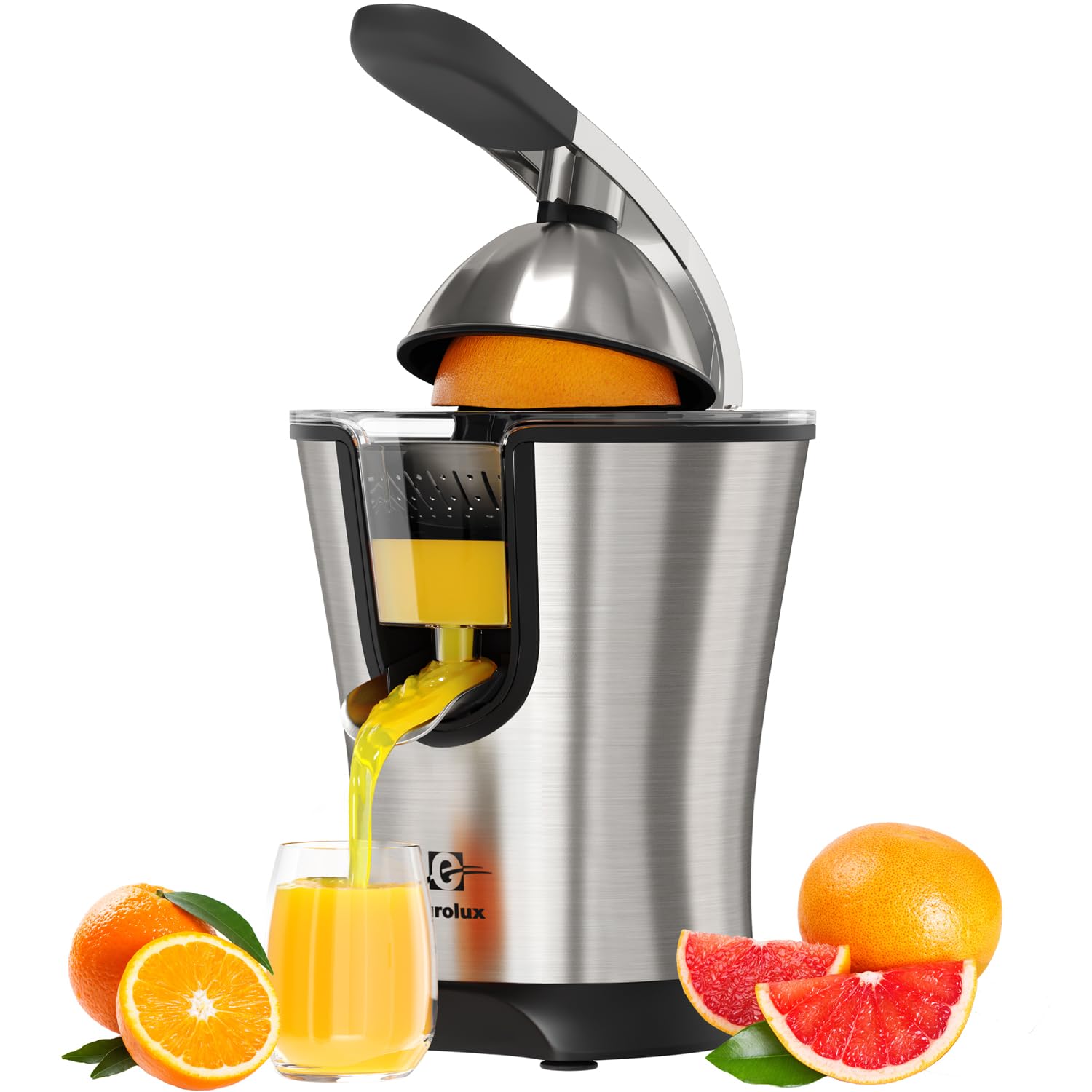 Eurolux Premium Elektrische Orangenpresse | Edelstahl-Zitruspresse mit neuem ultrastarkem Motor und Soft-Grip-Griff für müheloses Entsaften, automatische Abschaltung, spülmaschinenfeste Teile, Fruchtfleischkontrolle