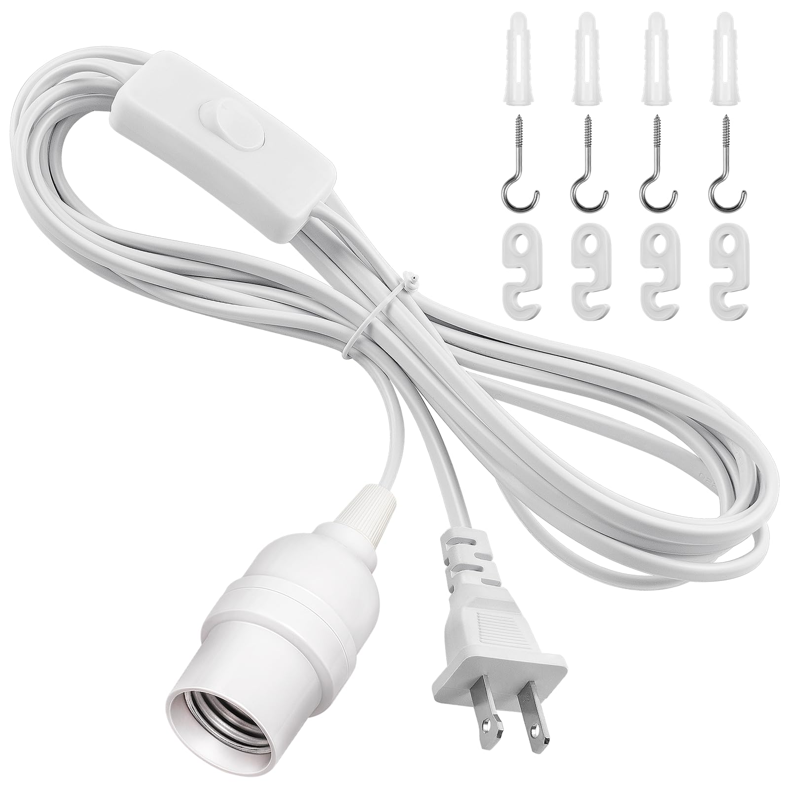 DiCUNO Hängeleuchten-Verlängerungskabel, E26 Pendelleuchtenfassung mit Ein-/Aus-Schalter, Schalter nah am polarisierten Stecker, 4 Meter, Weiß, 1 Stück