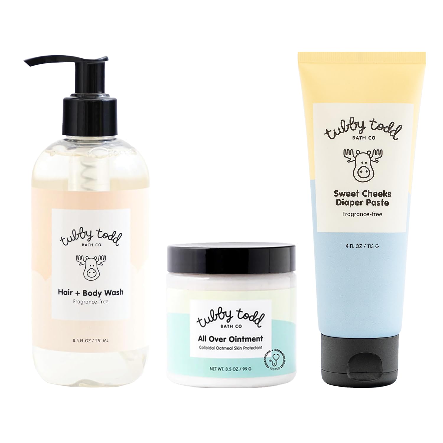 TUBBY TODD Baby Bundle Neugeborenen Hautpflegeset - Hypoallergenes Haar- + Körperwaschmittel, All Over Ointment mit kolloidalem Hafer, Sweet Cheeks Windelcreme - Parfümfrei, Standardgröße