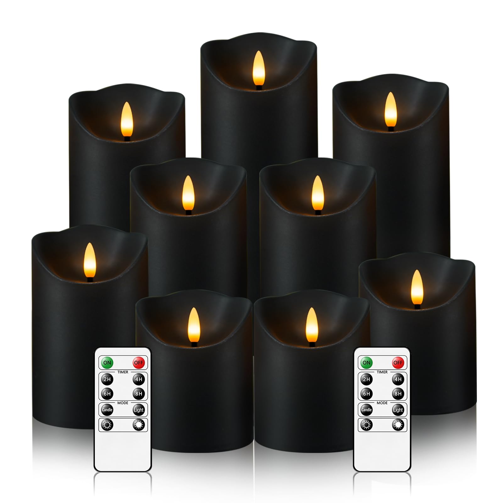 Nimiko Flameless Kerzen mit Fernbedienung, Batteriebetriebene flackernde flammenlose Kerzen, LED-Kerzen mit Timer 2/4/6/8H, mit Realistischen LED-Kerzen im 9er-Set (D7,6 x H 7,6 cm, 10,2 cm, 12,7 cm, 15,2 cm, 17,8 cm) (Schwarz)