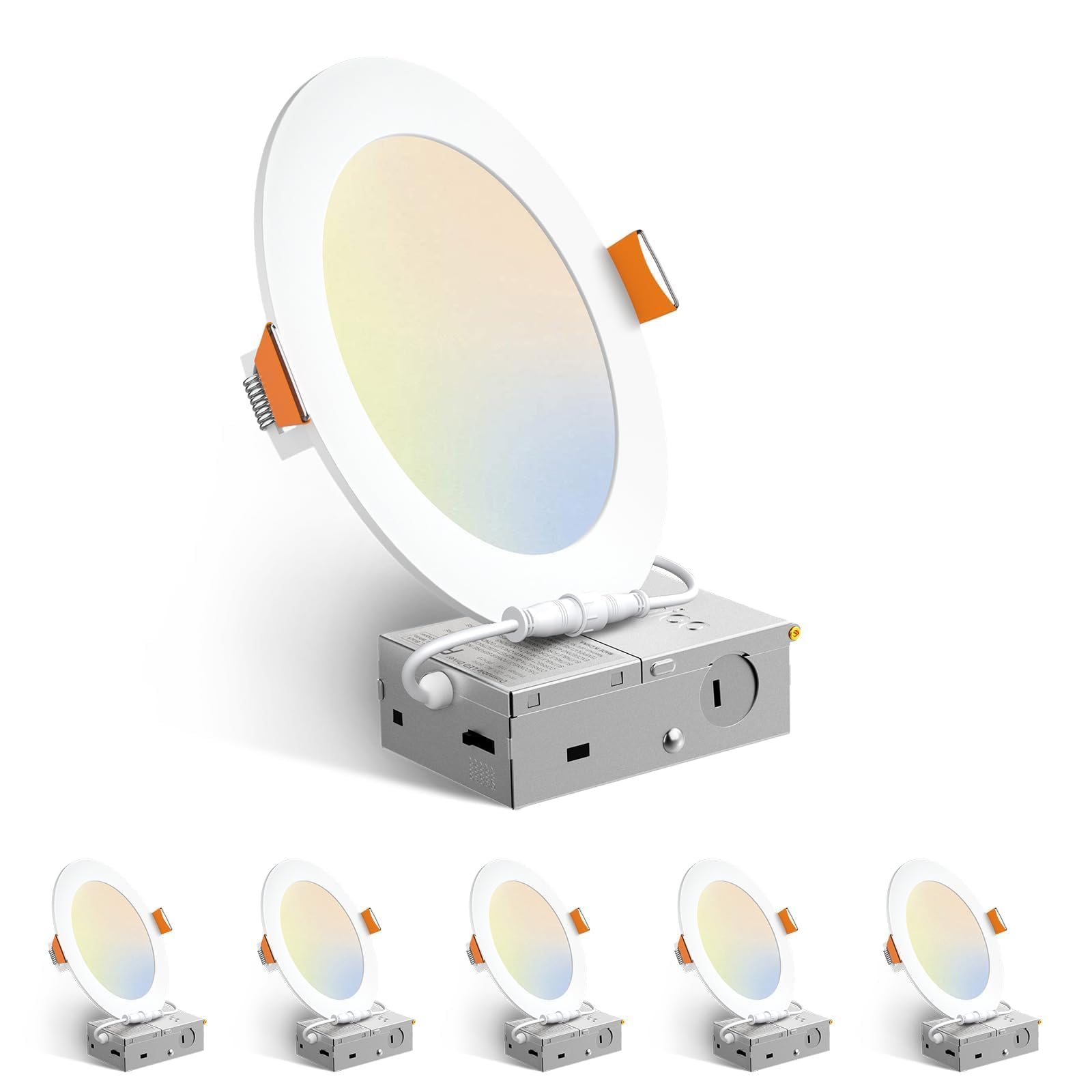 Amico 6er-Pack 6-Zoll 5CCT Ultraflache LED-Einbauleuchte mit Anschlussdose, 2700K/3000K/3500K/4000K/5000K wählbar, 12W Äquivalent 110W 1050LM Helligkeit Dimmbar Ohne Gehäuse Wafer-Downlight, ETL & FCC