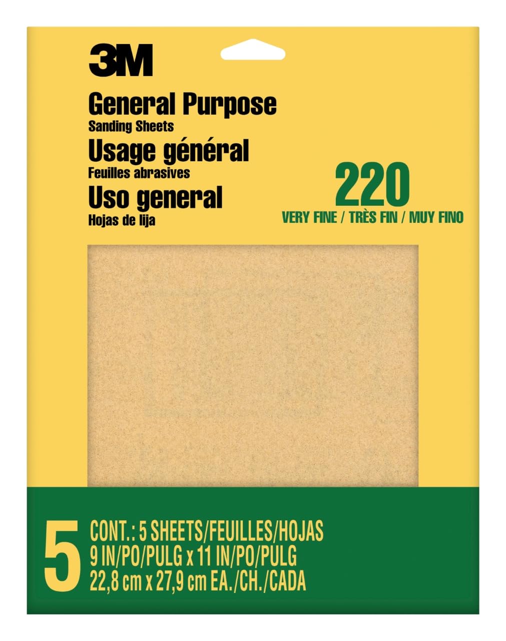 3M Schleifpapier, 220er Körnung, 5 Blatt, 22,86 cm x 27,94 cm, Zum Schleifen von Farbe, Holz & Metall, Ideal für allgemeine Schleifarbeiten, Sehr feines Aluminiumoxid-Schleifpapier (9000NA-20)