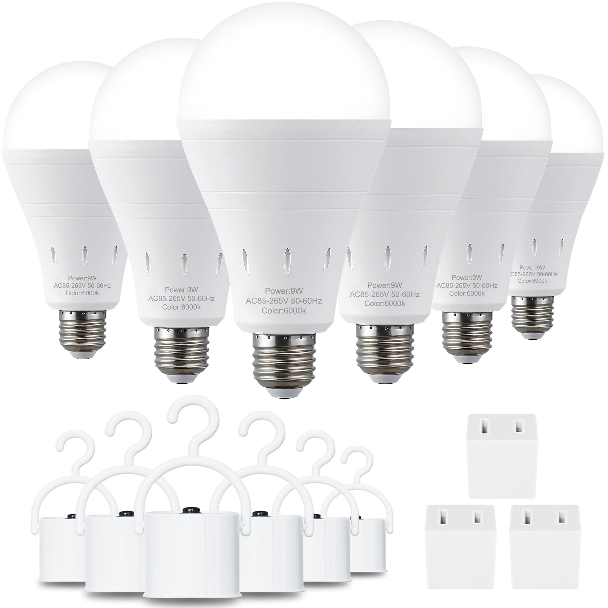 DEBAOBULB 6 Pack Rechargeable Emergency Light Bulbs, Battery Powered Energy Efficient LED Light Bulb 6000K Daylight E26 120 Volt 9W 60W Equivalent with 1200mAh for Home Power Outage Camping Hurricane