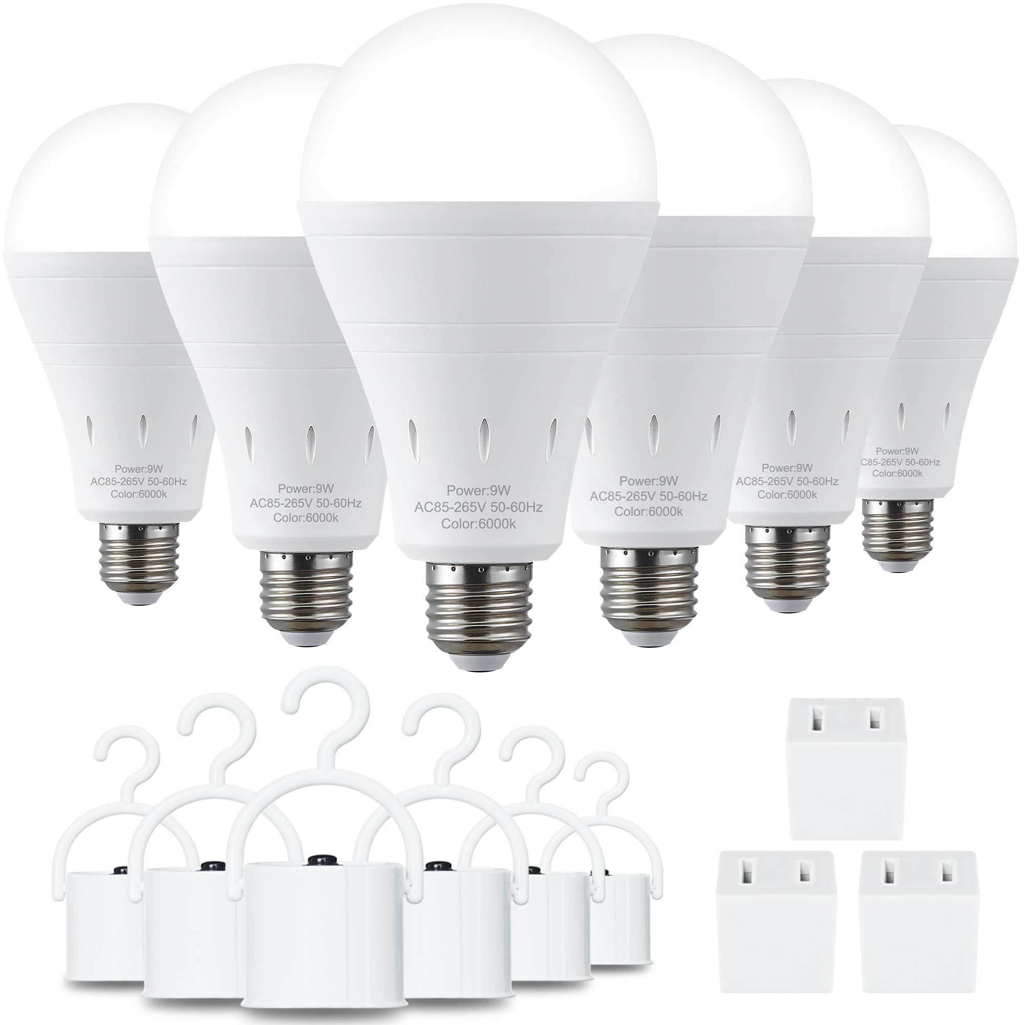 DEBAOBULB 6 Pack Rechargeable Emergency Light Bulbs, Battery Powered Energy Efficient LED Light Bulb 6000K Daylight E26 120 Volt 9W 60W Equivalent with 1200mAh for Home Power Outage Camping Hurricane