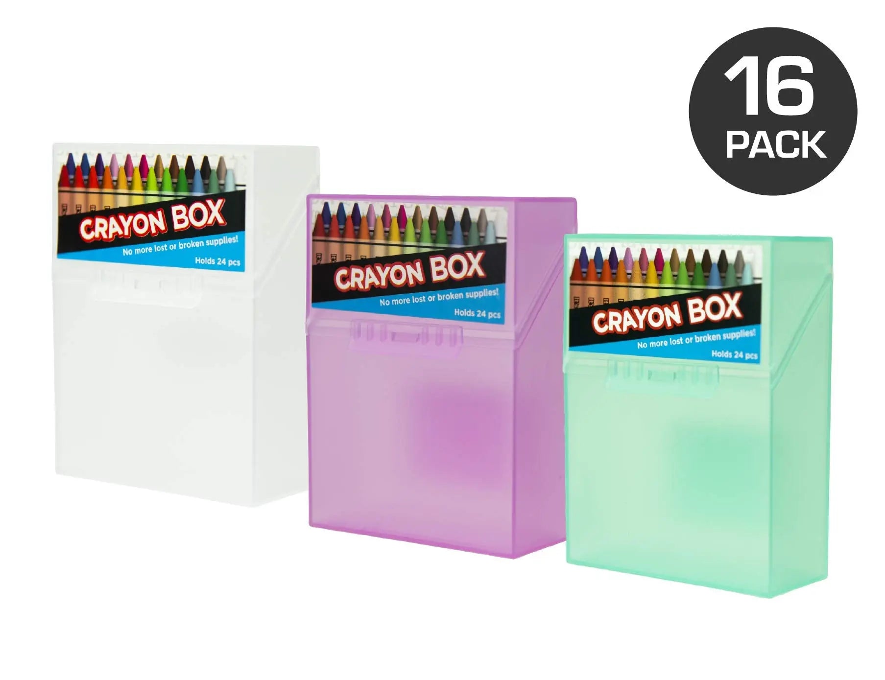It's Academic Crayon Box with Hinged Lid and Snap Closure, Clear, Purple, and Green Plastic, 16-Pack (Colors May Vary)