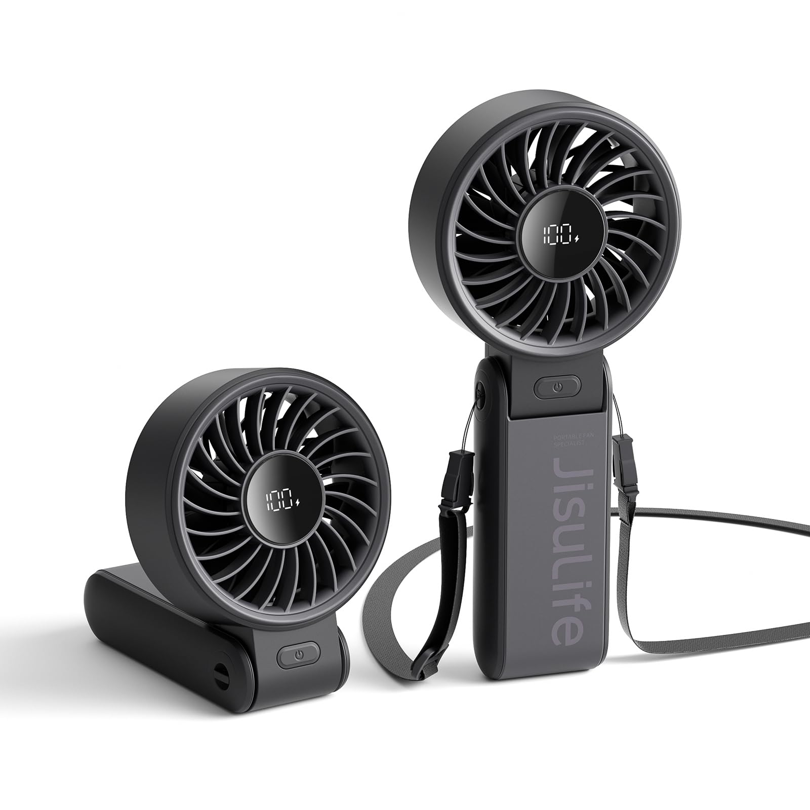 JISULIFE Handheld-Ventilator Life7 – Ultimative Flexibilität: Hochleistungsmotor, LED-Anzeige, 19,5 Std. Kühlung, 5000mAh wiederaufladbar, 5 Geschwindigkeiten, faltbares Design, 3-IN-1 tragbarer Ventilator für Reise, Kreuzfahrt, Strand (Schwarz)