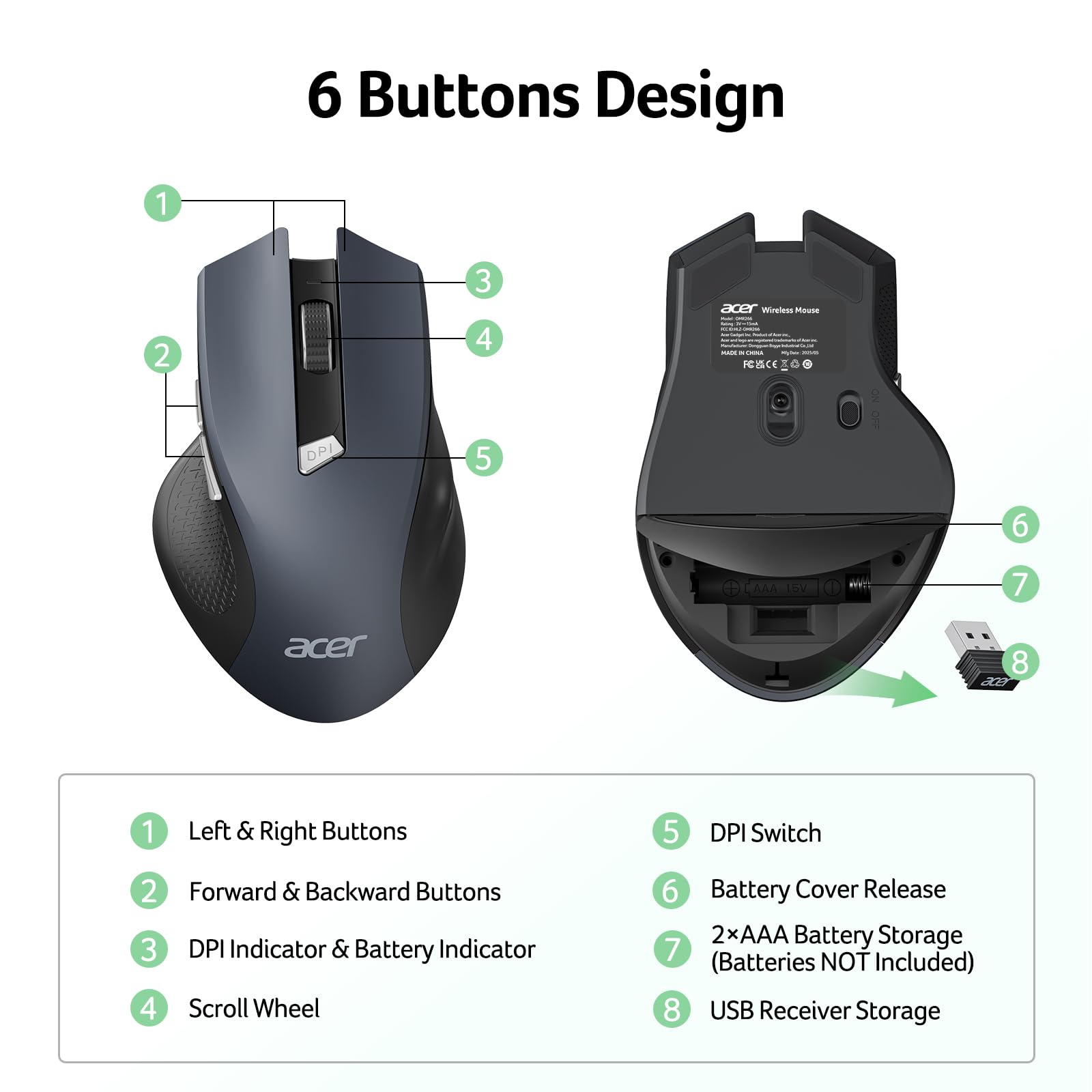 acer Wireless Mouse for Laptop, 2.4GHz Computer Mouse 3 Adjustable DPI Office Cordless USB Mice with USBA Receiver, 6 Buttons, 1600 DPI, Medium to Large Sized Hands Compatible with PC, Laptop, Desktop