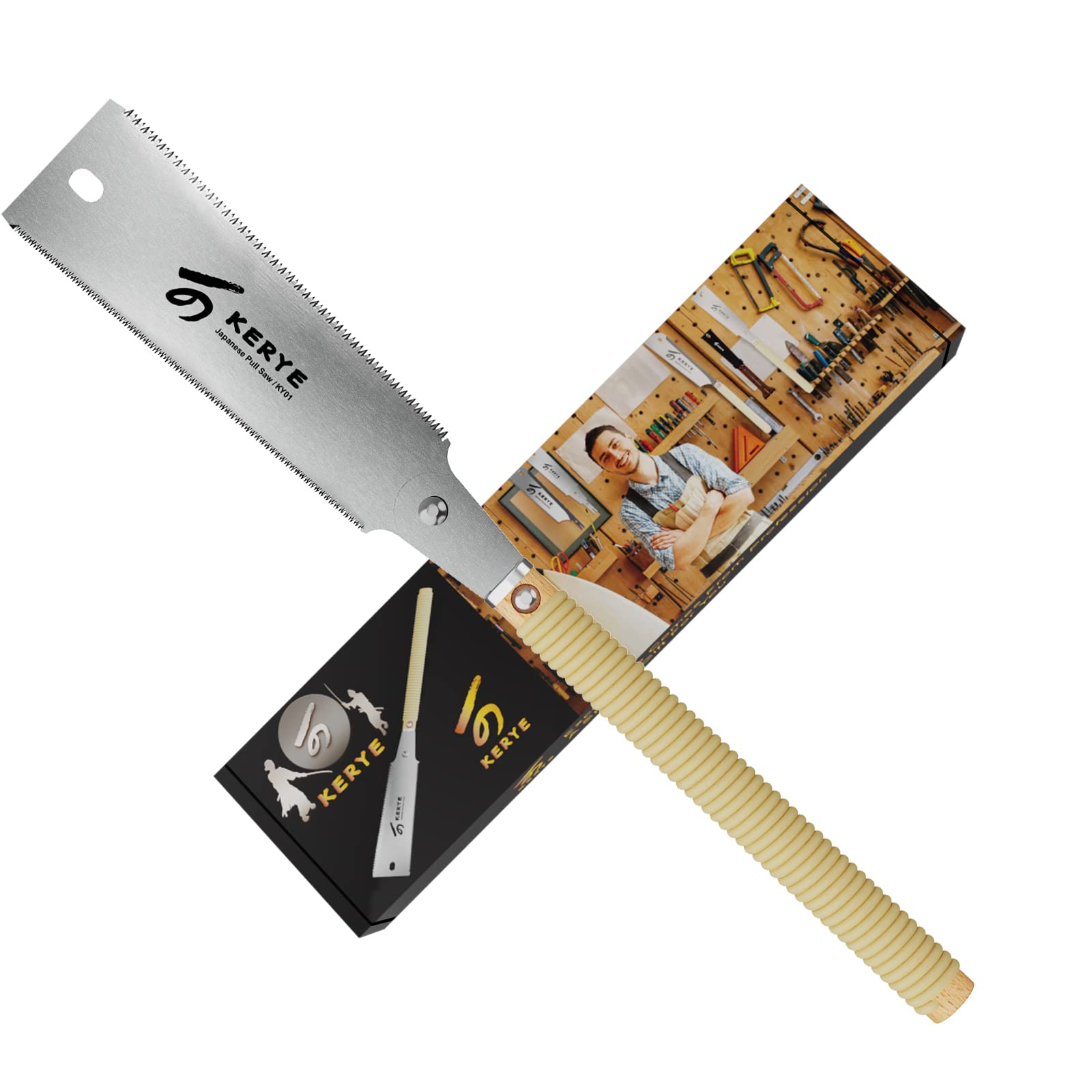 KERYE Japanische Zugsäge 24,1 cm, Handsäge mit doppelseitiger Verzahnung 10/17 TPI und austauschbarem Blatt, Ryoba Holzsäge, scharfe und leichte Holzbearbeitungswerkzeuge, Geschenke für Männer und Frauen-KY01