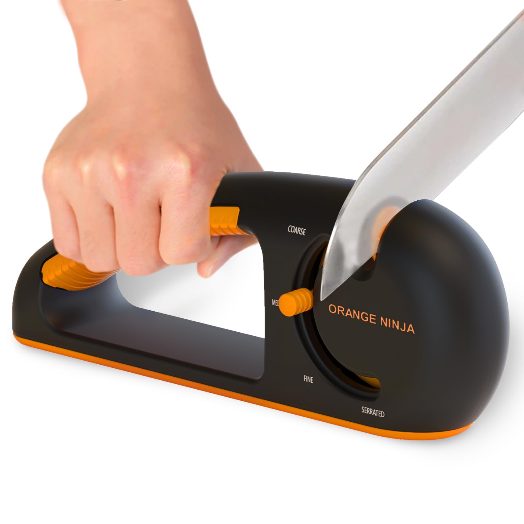 Orange Ninja 4-Stage Knife Sharpener & Serrated Knife Sharpener- Repairs, Sharpens & Polishes Blades with Ergonomic Non-Slip Grip by Sharp Pebble