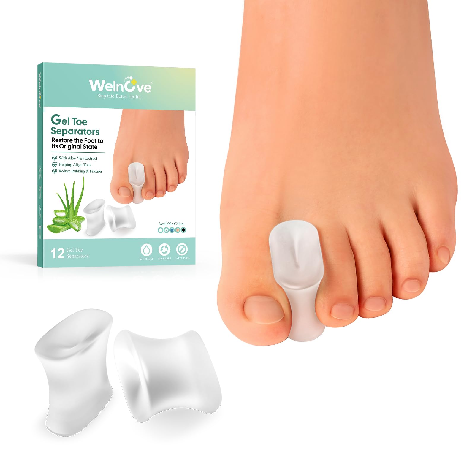 Welnove 12-Pack Gel Toe Separators - Bunion Pads - Toe Spacers for Straightening Overlapping Toes for Men and Women - Transparent