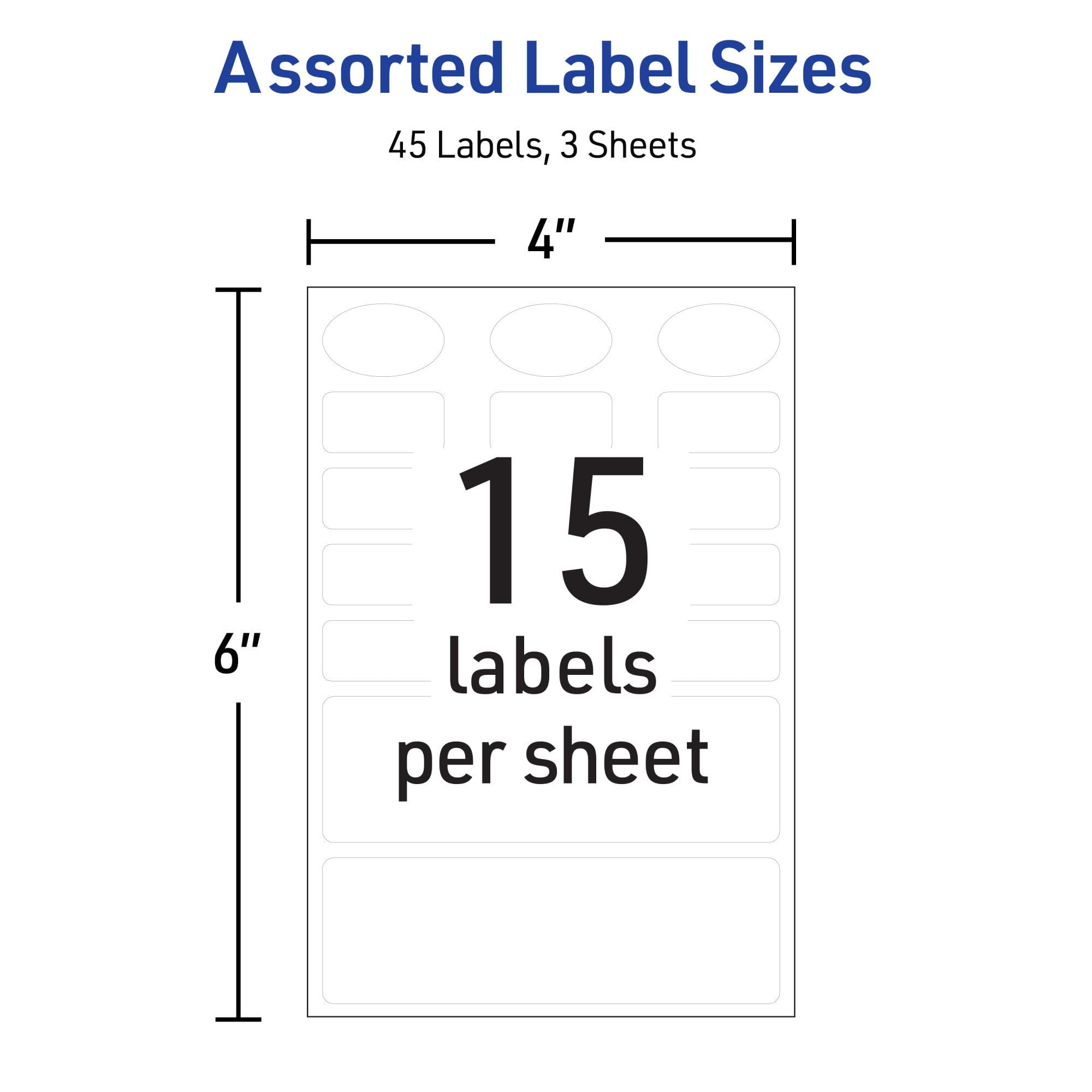 Avery No-Iron Fabric Labels, Assorted Shapes and Sizes, Washer and Dryer-Safe Waterproof Labels, Non-Printable, 45 Total (40700)