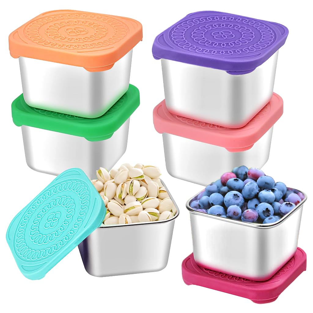 HTEVW 6er-Pack 6oz Edelstahl-Snackbehälter für Kinder, leicht zu öffnende auslaufsichere Metall-Snackbehälter für Kleinkinder mit Silikondeckel, stapelbare Metall-Brotdose für Kleinkinder für Kita, Schule und Reisen