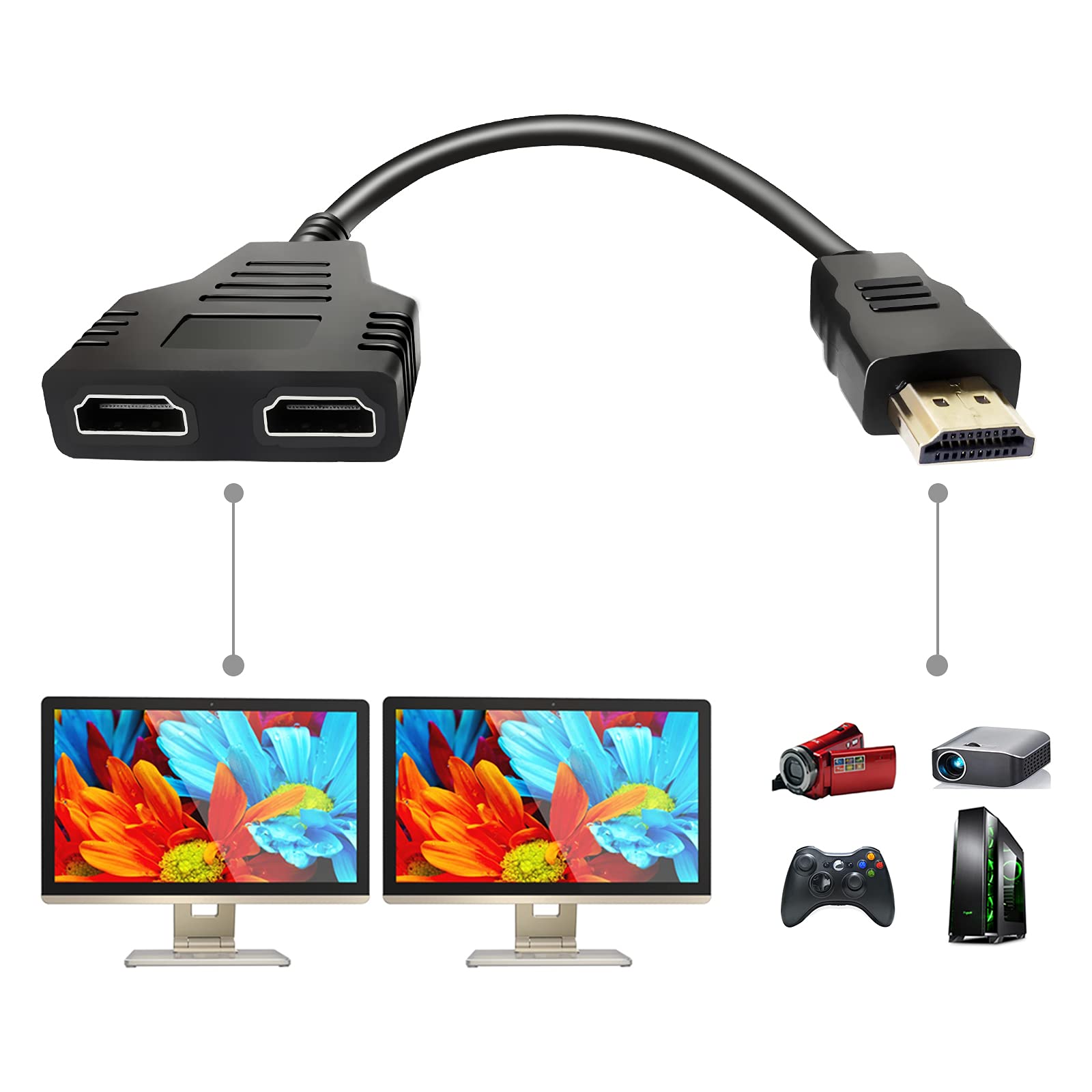 كابل محول مقسم HDMI من باتو - مقسم HDMI 1 في 2 خارج ذكر إلى أنثى HDMI مزدوج 1 إلى 2 اتجاه لأجهزة HD وLED وLCD والتلفزيون، يدعم جهازي تلفزيون متطابقين في نفس الوقت (المرآة فقط لا يمكن تمديد الشاشة)