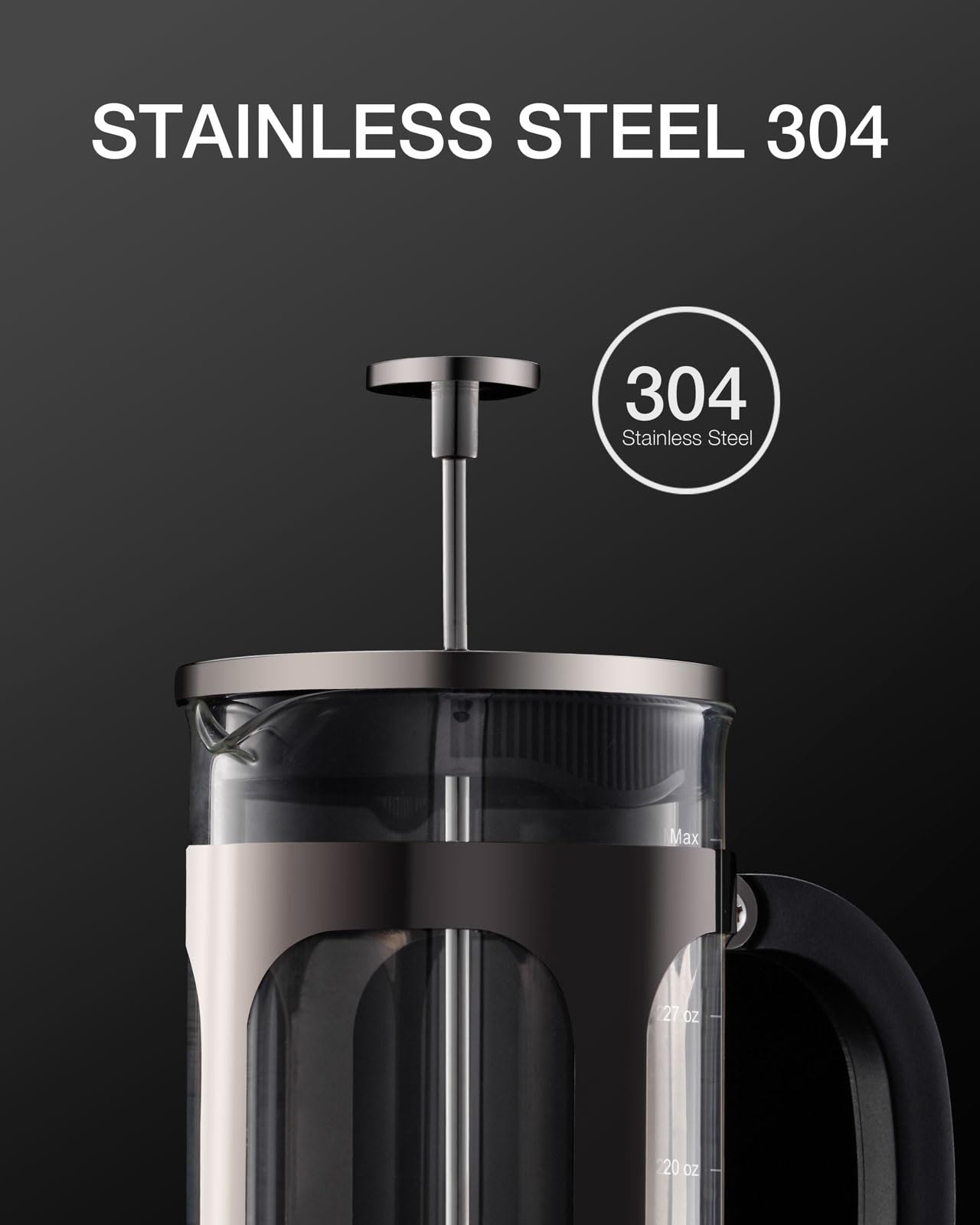 BAYKA French Press Coffee Maker 34 Ounce 1 Liter, Borosilicate Glass Stainless Steel Brewer, Large Portable Cold Brew Cafetera Teapot for Kitchen Travel Camping Coffee Bar Accessories, Dark Pewter