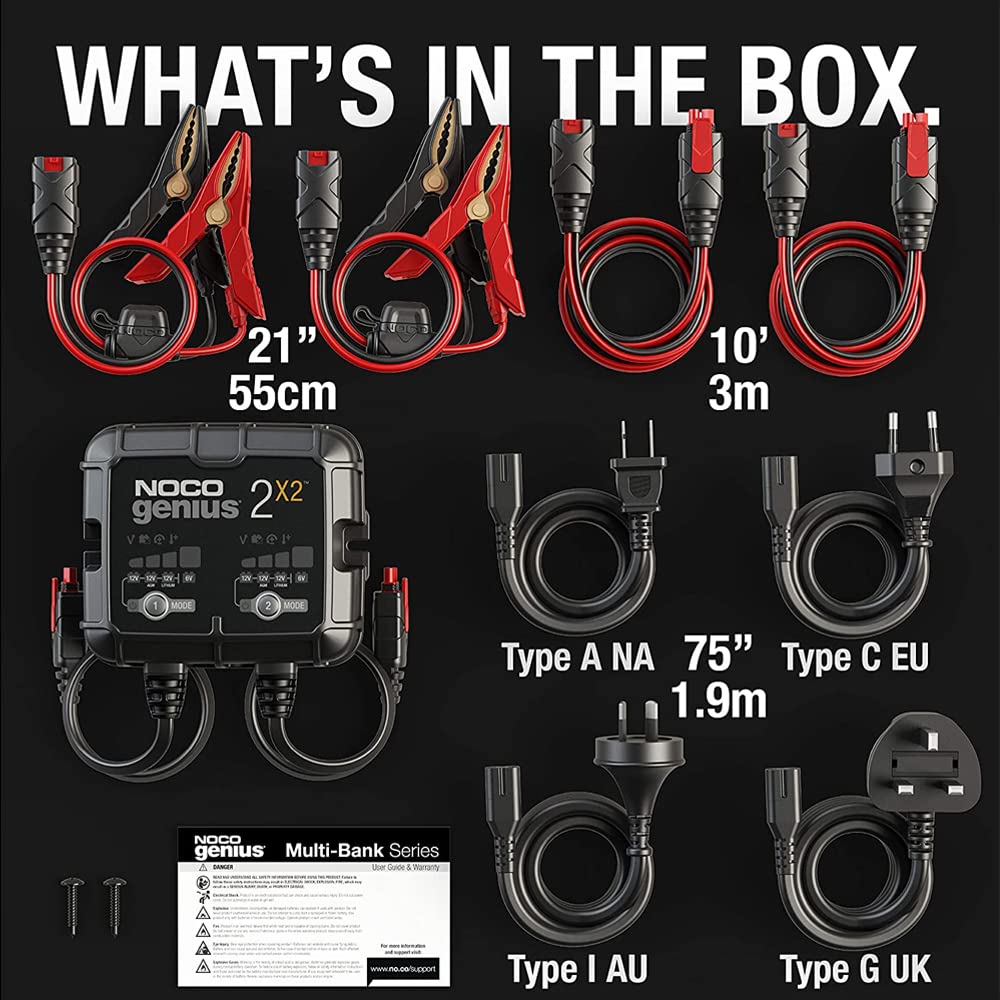 NOCO GENIUS2X2: 4A 2-Bank Smart Battery Charger (2A/Bank) - 6V/12V Automatic Maintainer, Trickle Charger & Desulfator with Overcharge Protection & Temperature Compensation – For Lead-Acid & Lithium