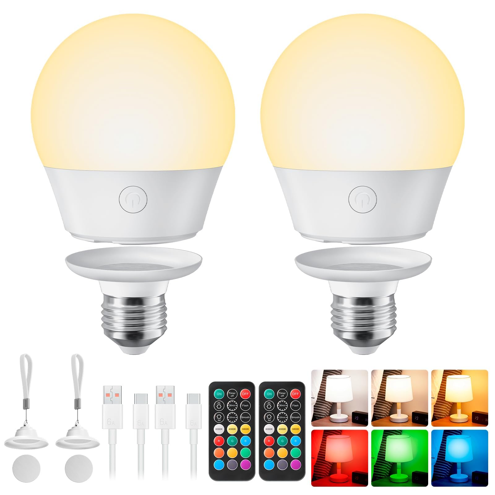 Brightown E26 Wiederaufladbare Glühbirne mit Fernbedienung und Timer, Batterie-Backup-Birne für Wandlampen und Leuchten, Magnetische Glühbirnen für nicht fest verdrahtete Leuchten, 3 Farbtemperaturen + 9 RGB-Farben, Dimmbar, 2er-Pack