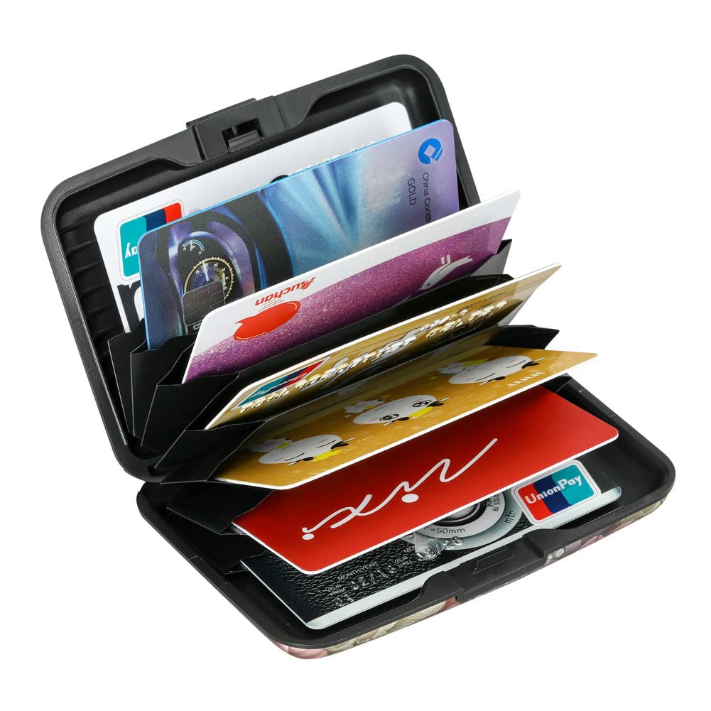 ELFISH Mini RFID Aluminum Wallet Credit Cards Holder Business Card Case Metal ID Case for Men Women（Happy Flower
