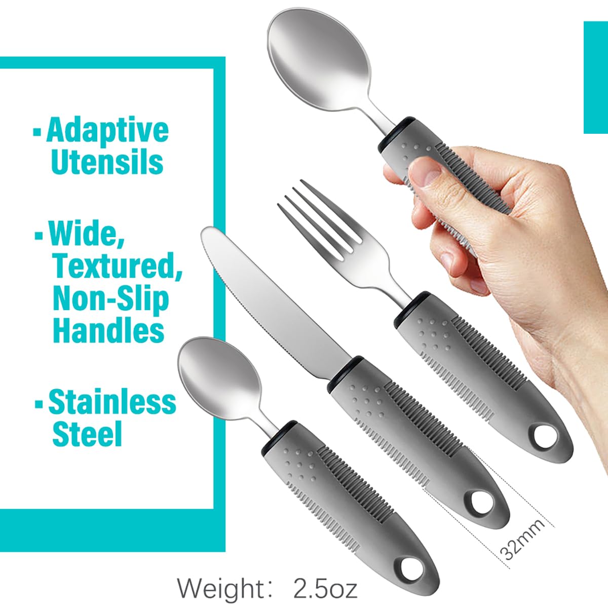 Nourislif Adaptive Utensils 4pcs For Hand Tremors,Elderly, Arthritis,Parkinsons-Built Up Utensils For Adults–Easy Grip Aids handle–2.5oz Each Weighted Silverware For Hand Tremors