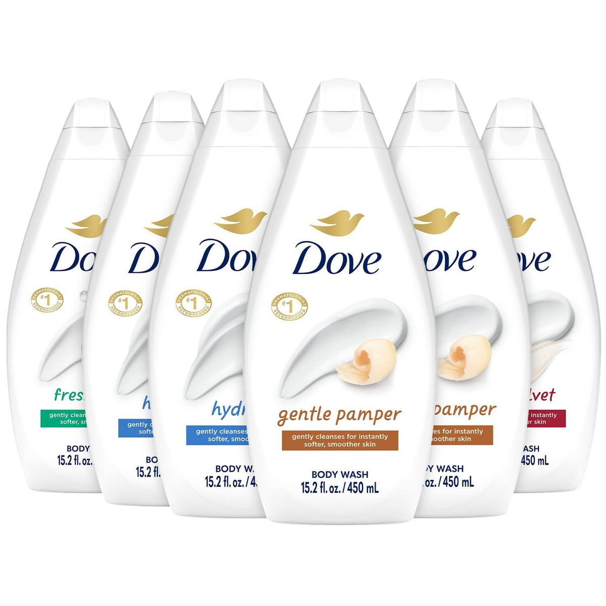 Dove Body Wash Variety 6-Pack - Hydrate, Gentle Pamper, Fresh Care, and Silky Velvet, 15.2 Oz Ea