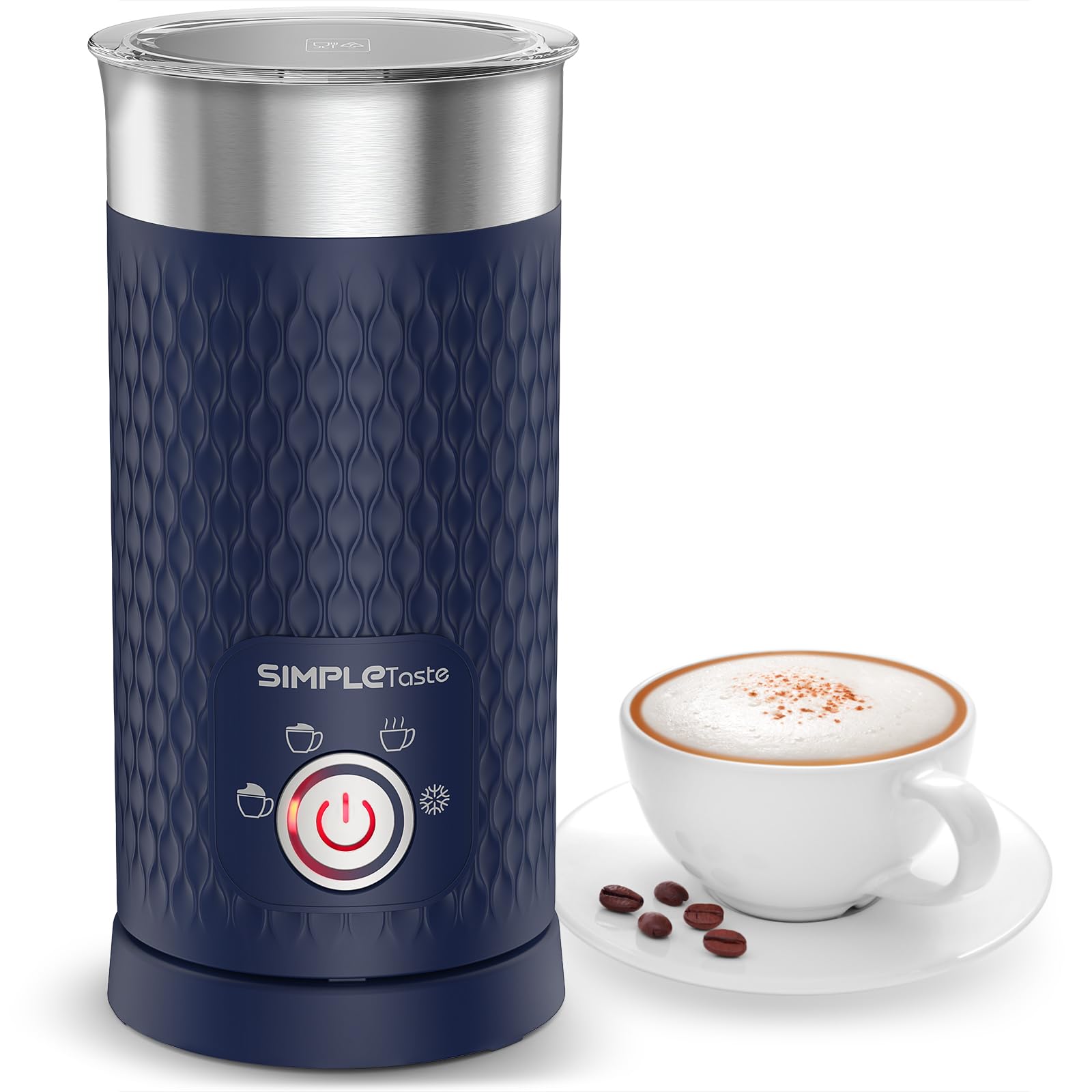 SIMPLETASTE جهاز رغوة الحليب، جهاز بخار الحليب الكهربائي 4 في 1، صانع رغوة الحليب الأوتوماتيكي الساخنة والباردة، ومسخن الحليب للاتيه، الكابوتشينو، الماكياتو