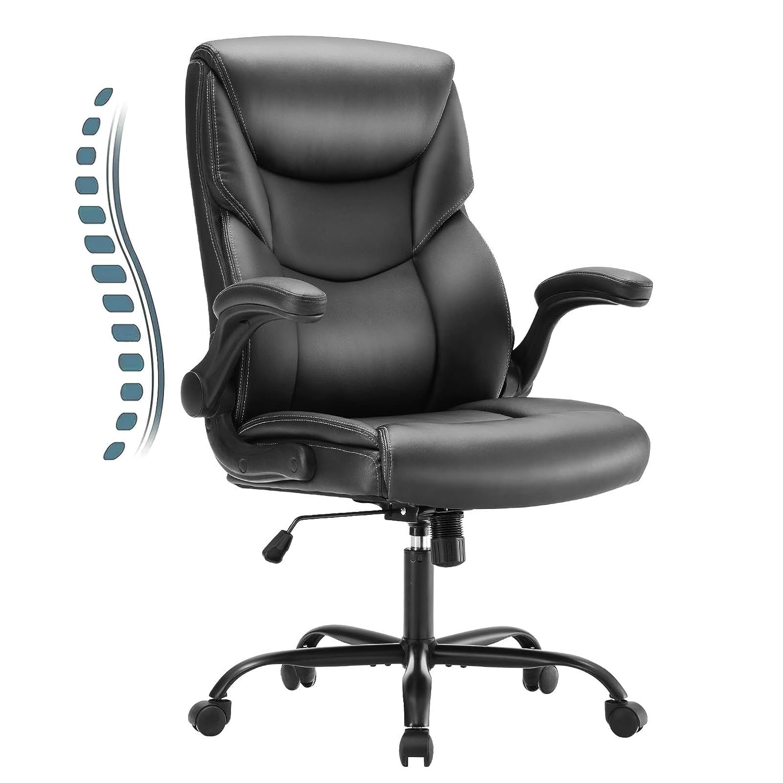 Sweetcrispy Ergonomischer Computer Gaming Bürostuhl, Schwerlast Schreibtisch Drehstuhl mit Rollen, hochklappbare Armlehnen, höhenverstellbar, PU-Leder, Schwarz
