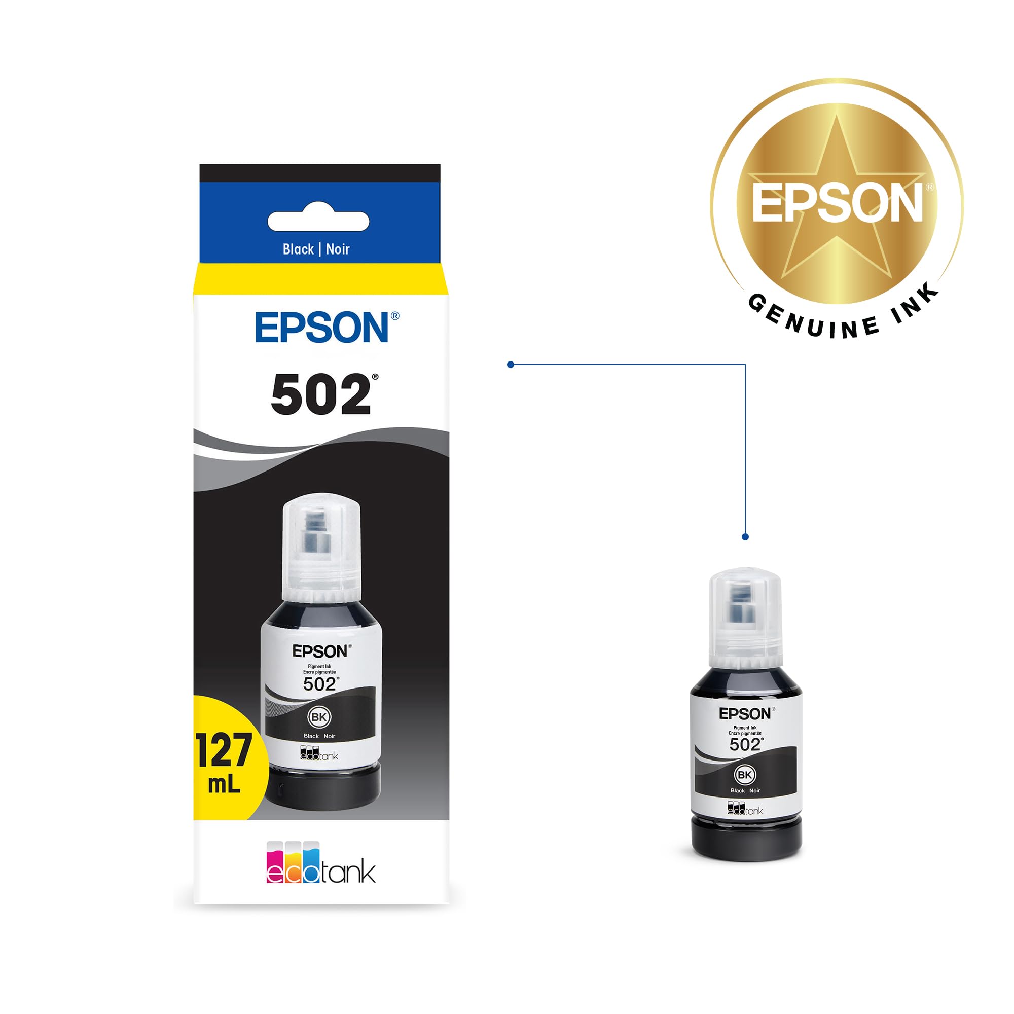 EPSON 502 EcoTank Ink Ultra-high Capacity Bottle Black Works with ET-2750, ET-2760, ET-2850, ET-3750, ET-3760, ET-3850, ET-4850, and other select EcoTank models