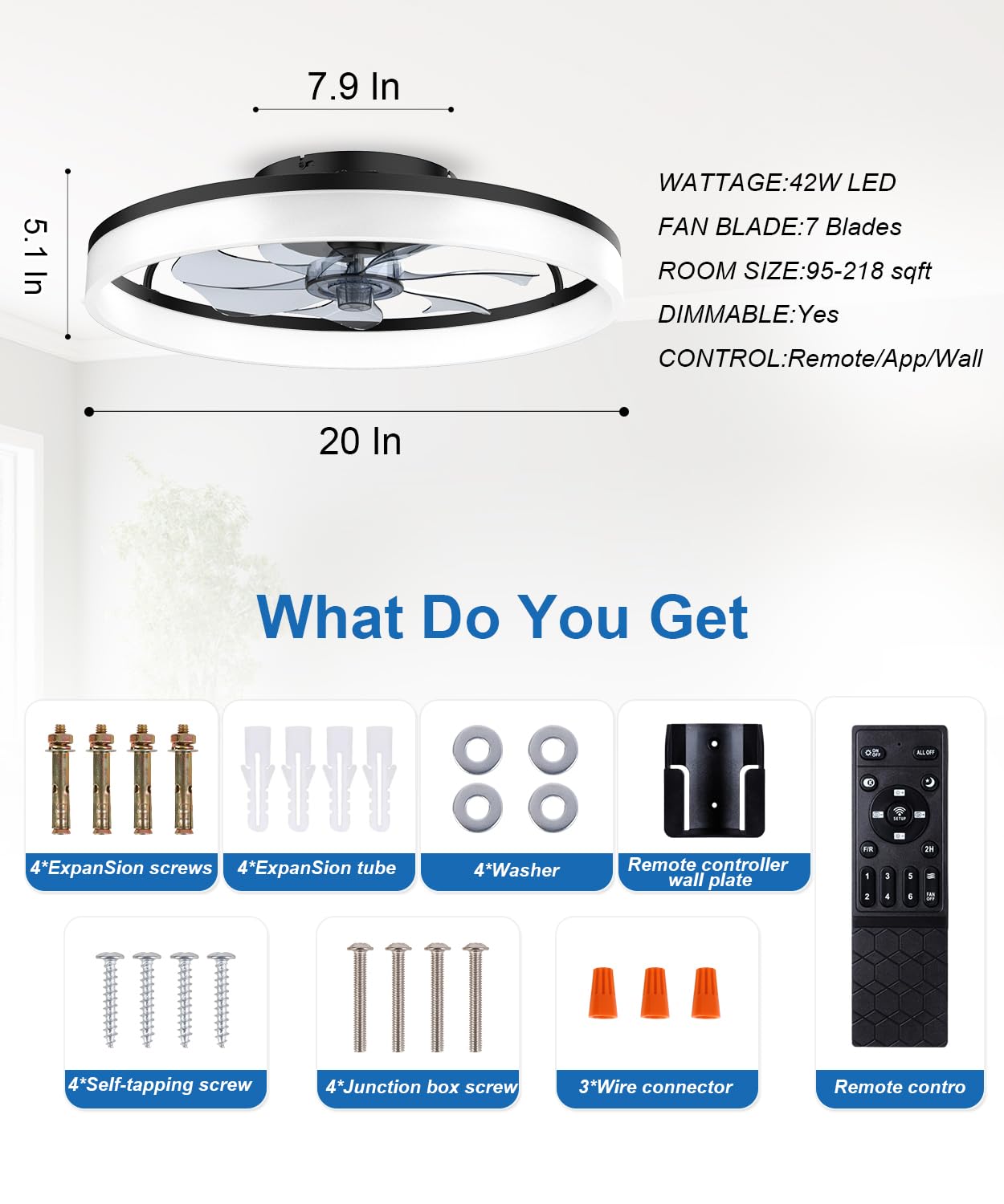 AQUBT Ceiling Fans with Lights and Remote, 20" Modern Low Profile Ceiling Fan with Light, Stepless Color Temperature Change and 6 Speeds for Bedroom, Kids Room and Living Room (Black)