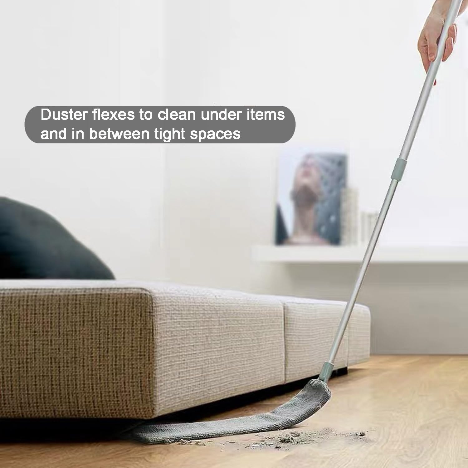 Dust Brush Under Appliance Microfiber Duster with Extension Pole (40 to 55 inches) Bendable, Washable, Extendable Gap Dusters for Sofa Bed Fridge Furniture Bottom - Wet or Dry