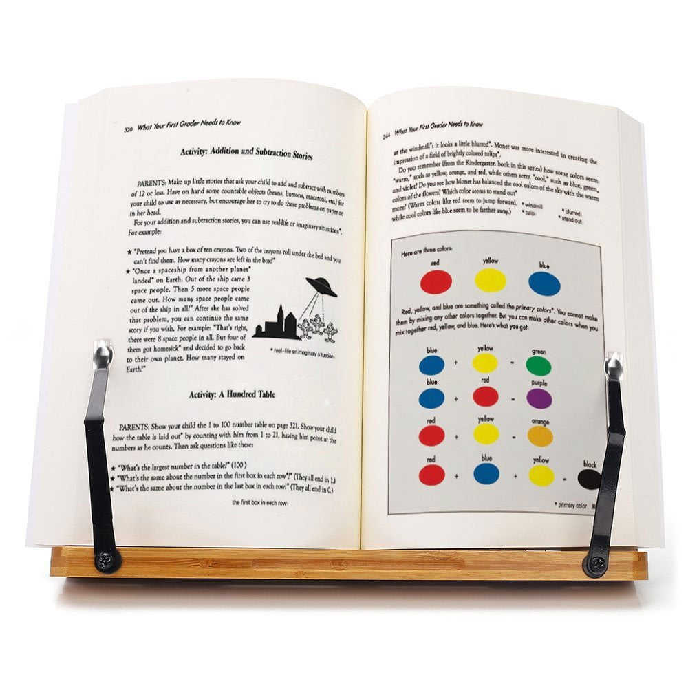 wishacc Bamboo Book Stand, Adjustable Book Holder Tray and Page Paper Clips-Cookbook Reading Desk Portable Stable Hard-Wearing Lightweight Bookstand-Textbooks Books