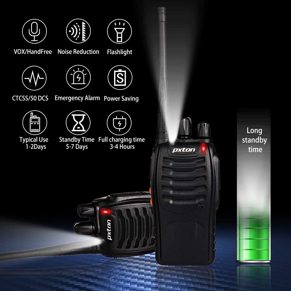 pxton Two Way Radios Long Range Walkie Talkies for Adults with Headphones,16 Channel Handheld 2 Way Radio Rechargeable with Flashlight Li-ion Battery and Charger(6 Pack)