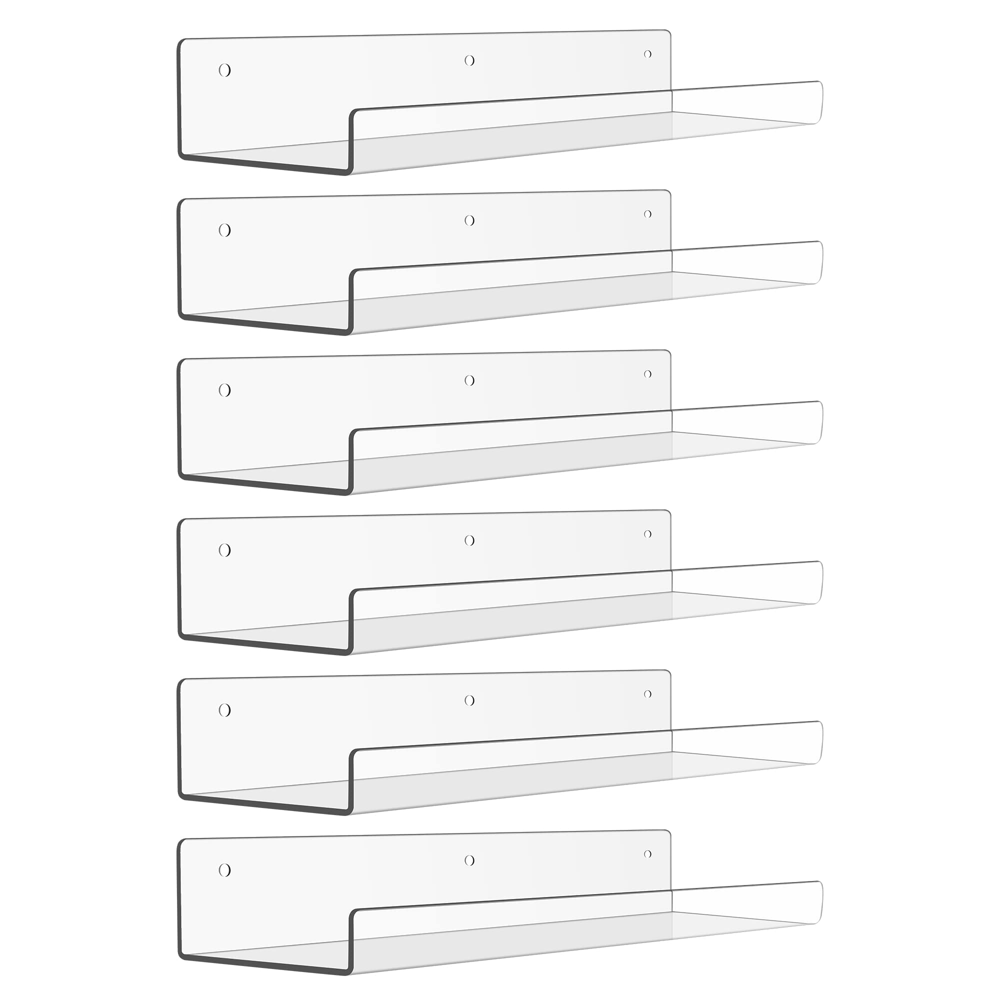 upsimples 6 Pack Acrylic Shelves for Wall Storage, 15" x 4" Floating Bookshelves for Kids, Display Shelf Organizer for Bathroom, Bedroom, Living Room, Kitchen, Room Decor, Clear